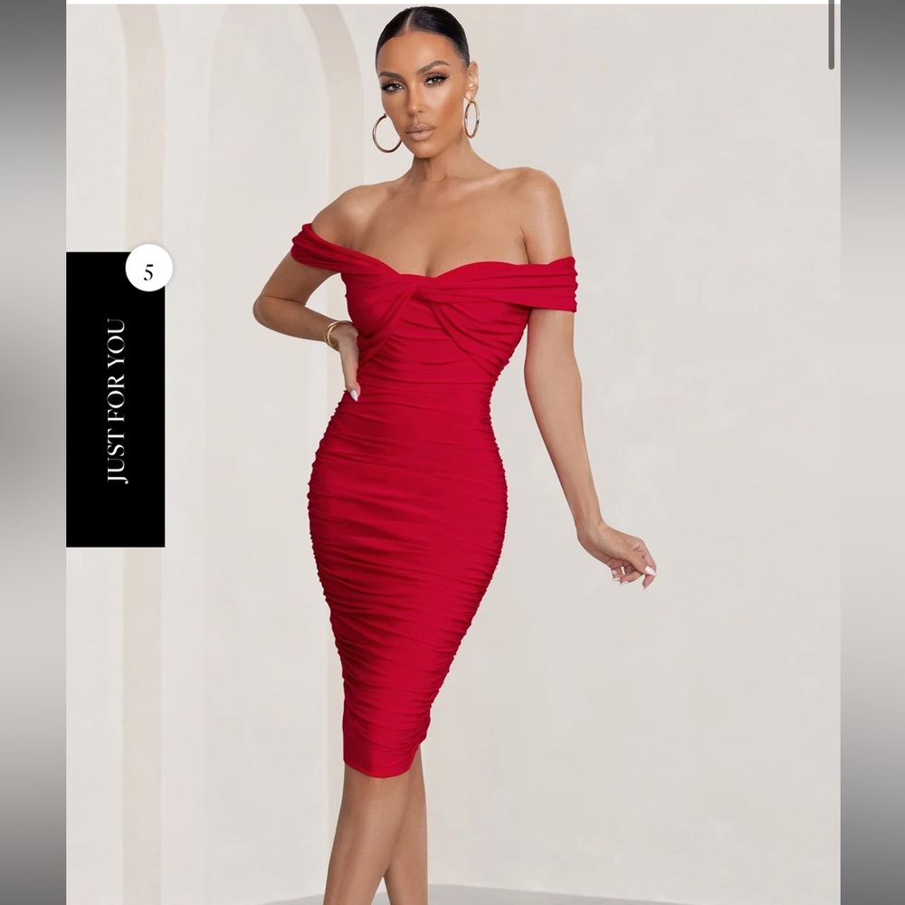 Off-Shoulder Ruched Midi Dress in Red